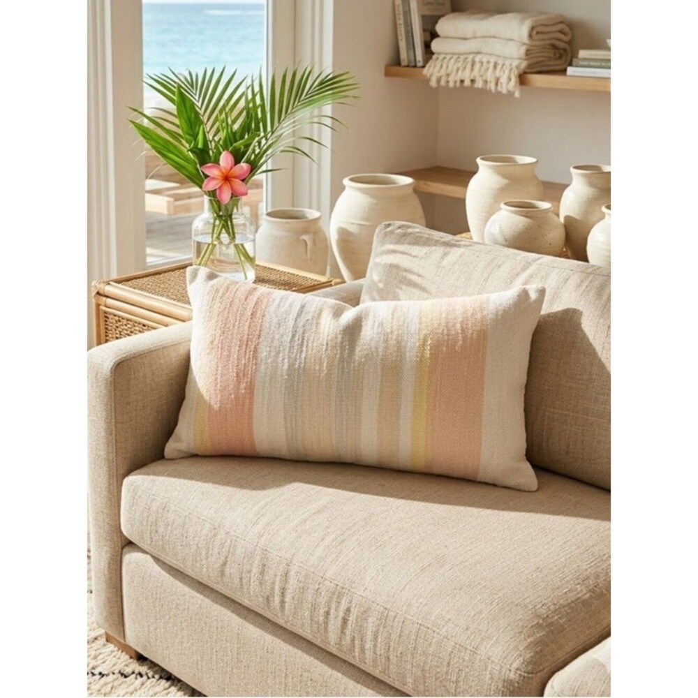 Coastal Elegant Cream and White Textured Lumbar Pillow